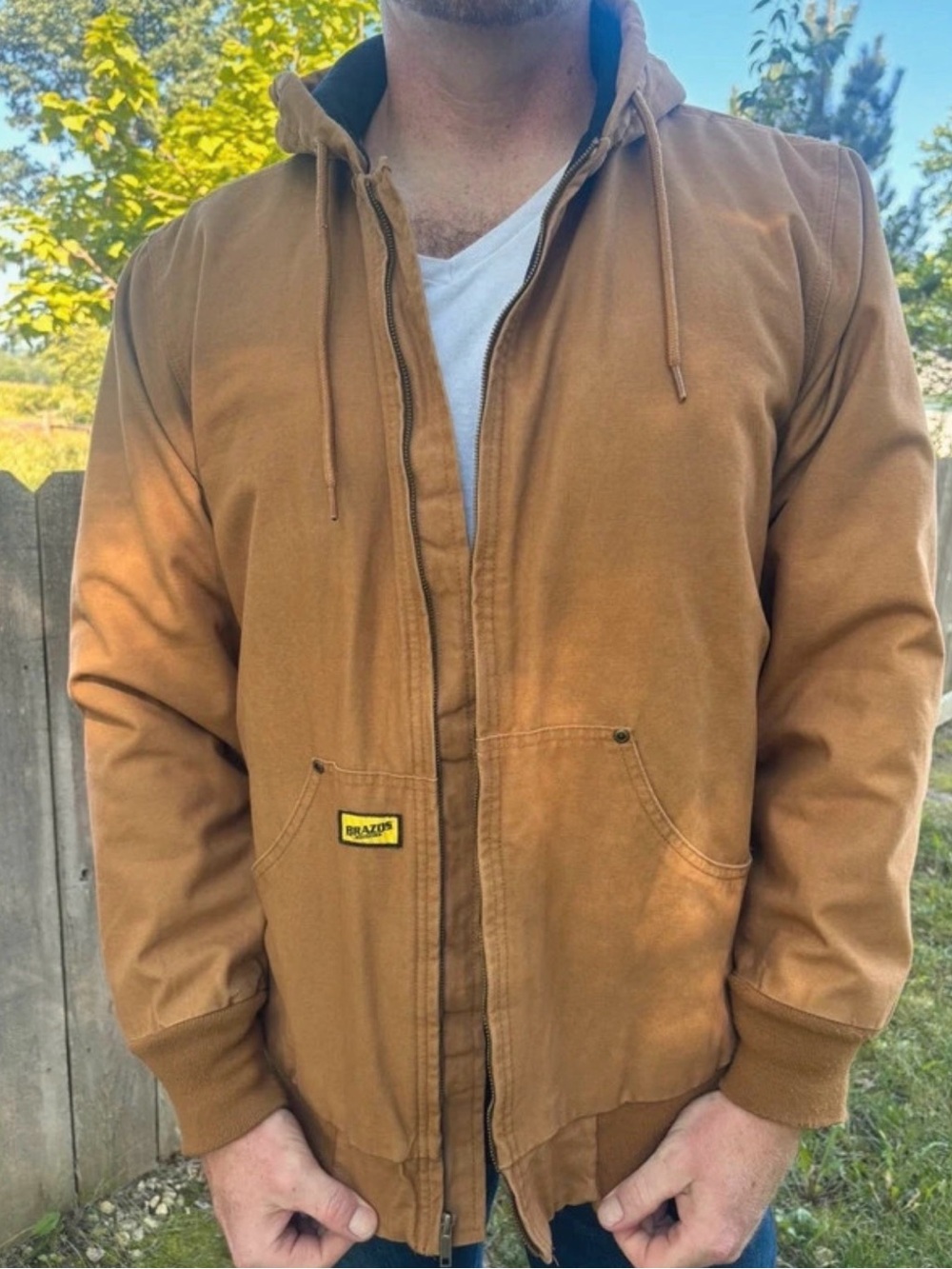 Vintage Brazos Workwear Brown Canvas Hooded Chore Jacket Lines Mens XL